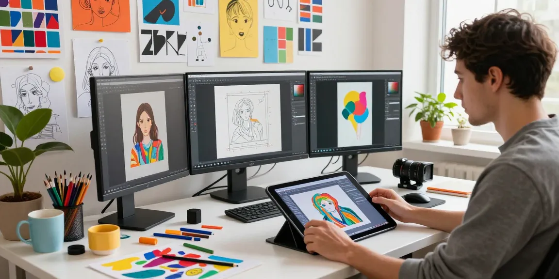 Digital artist creating an image to image transformation in a bright studio