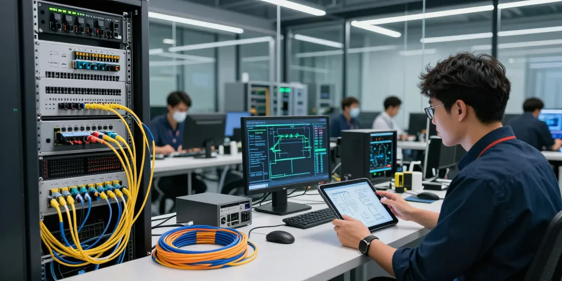 Engineers collaborating on fiber optic cable installations in a modern data center.