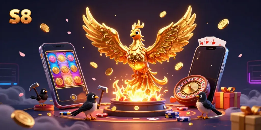 S8 golden phoenix emerges from forge, showcasing casino gaming elements and vibrant colors.
