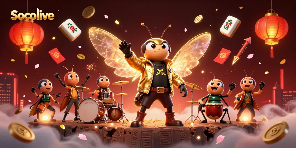 Socolive enhances gaming excitement with a vibrant 3D casino scene featuring a rock star cicada.