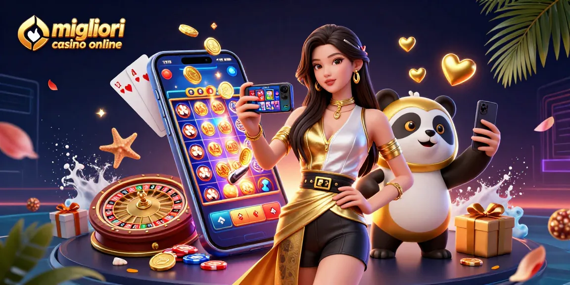 Interagisci con i migliori migliori casino online, con una donna e una mascotte panda in un contesto vivace di casinò.
