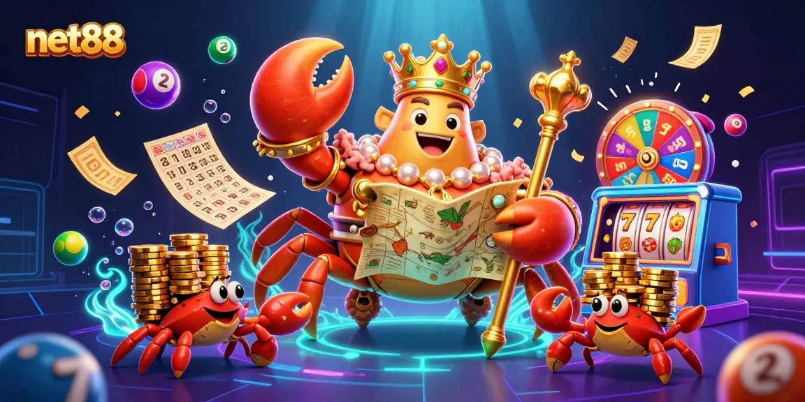 Experience net88's vibrant gambling scene featuring a golden crab emperor and colorful lottery elements.