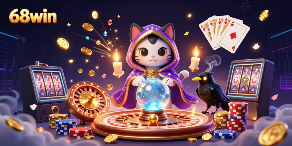 Experience the magic of 68win with vibrant 3D casino elements and a mystic atmosphere.