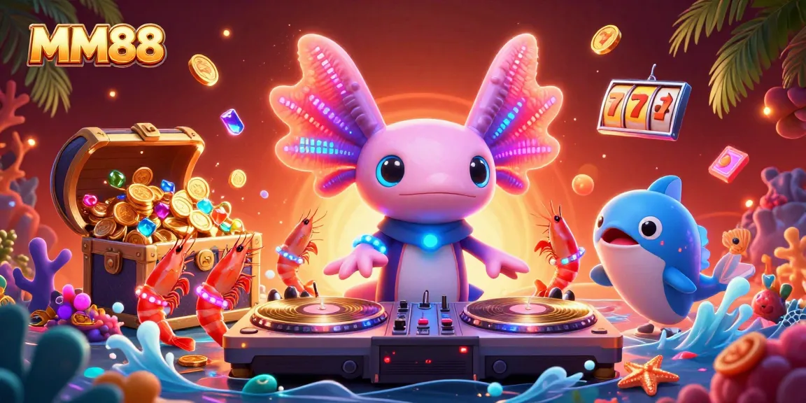 Engage with MM88's vibrant underwater casino scene featuring neon axolotl DJ and treasure-filled slots.