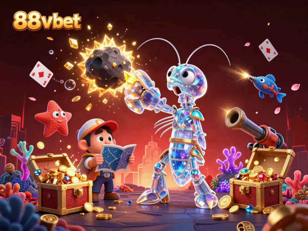 Experience 88vbet's exciting casino adventure with vibrant 3D characters amidst golden gems and coins.