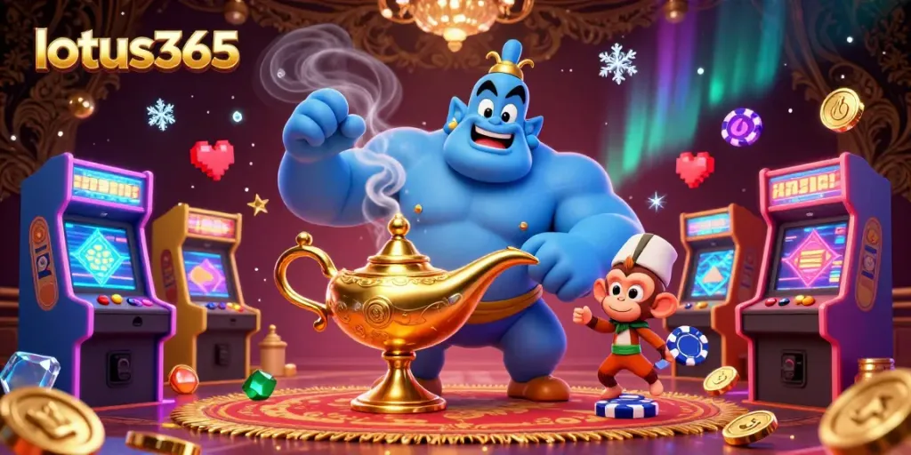 Engage with lotus365's magical gambling experience featuring a golden genie, poker chips, and neon gaming elements.
