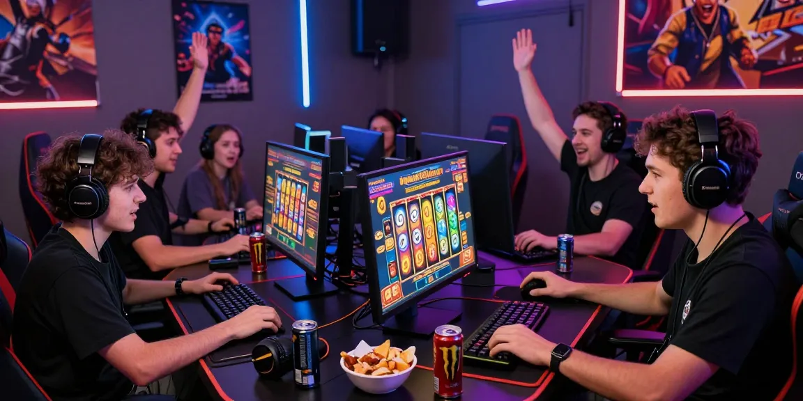 Engaged gamers celebrating a jackpot win while playing slot deposit 5k online, surrounded by gaming gear and vibrant atmosphere.