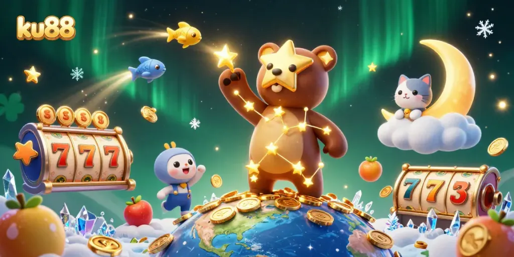 ku88 casino scene with a constellation bear, slot reels, and festive gaming elements