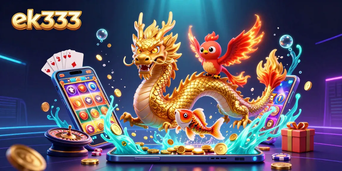 Experience thrilling moments with ek333's golden dragon, phoenix, and koi fish amid vibrant gaming elements.