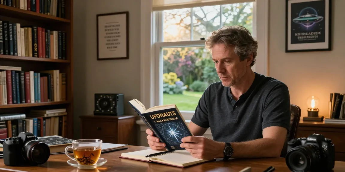 Reader engrossed in T Allen Greenfield's UFOnauts at https://tallengreenfield.com in a cozy home office.