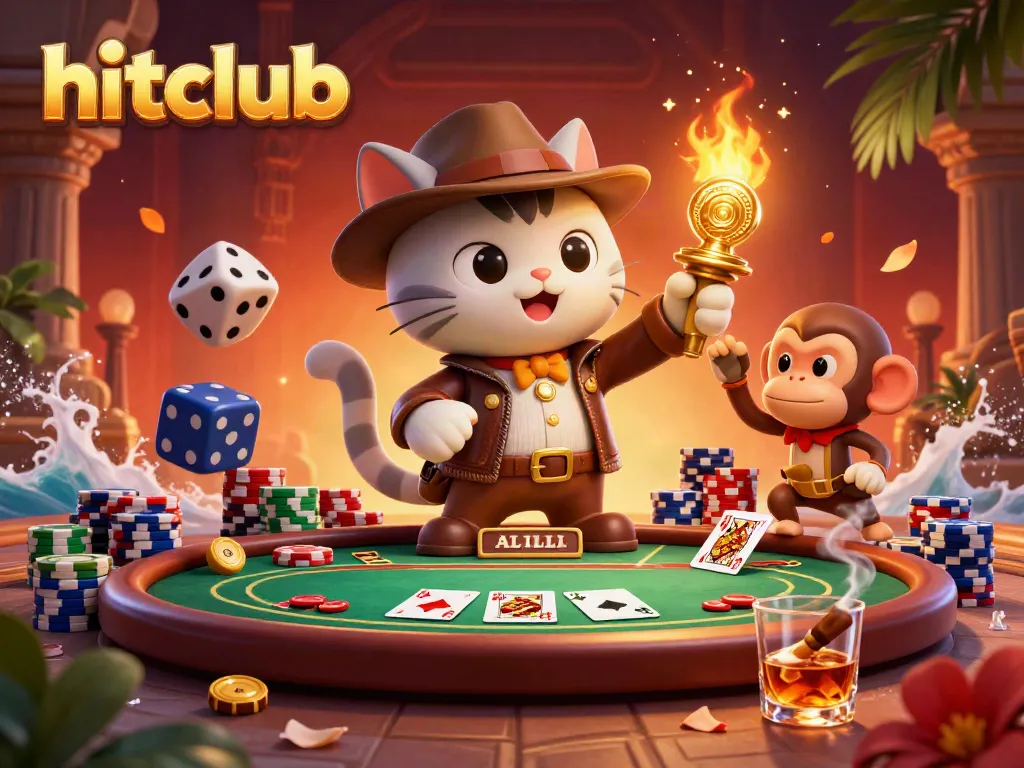 hitclub treasure discovery scene with a cat explorer and monkey companion finding a casino artifact