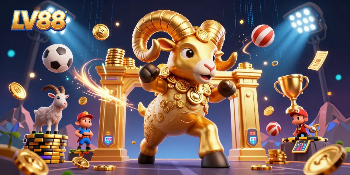 Experience thrilling gambling with LV88's dynamic 3D casino scene featuring a golden ram and sports elements.