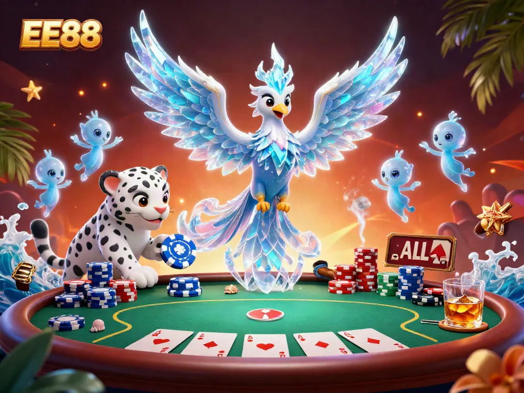 Engage in thrilling poker action with EE88's vibrant 3D illustration featuring an ice phoenix and poker elements.