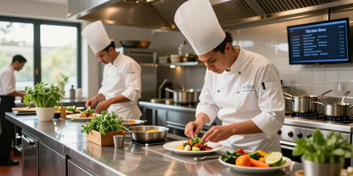Culinary student with Destiny Calling in a bustling kitchen, preparing French cuisine with fresh ingredients.