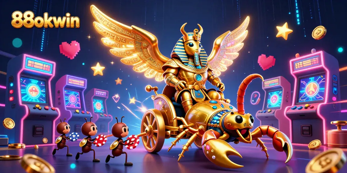 Experience thrill with 88okwin's colorful gaming atmosphere showcased in a vibrant 3D casino illustration.