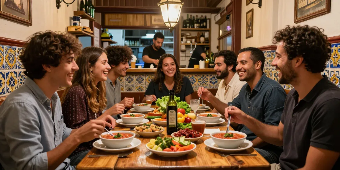 Experience the best salmorejo near me in a vibrant tapas bar with friends sharing authentic Spanish dishes.