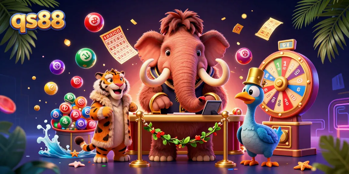 Engage in thrilling gameplay at qs88 with a vibrant casino scene featuring a woolly mammoth and saber-tooth tiger.