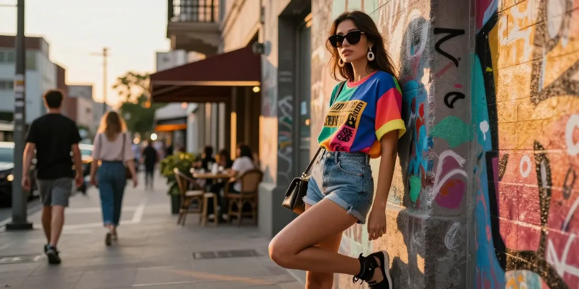 Fashion tips showcased in an urban setting with a stylish woman in trendy outfit against a colorful backdrop.