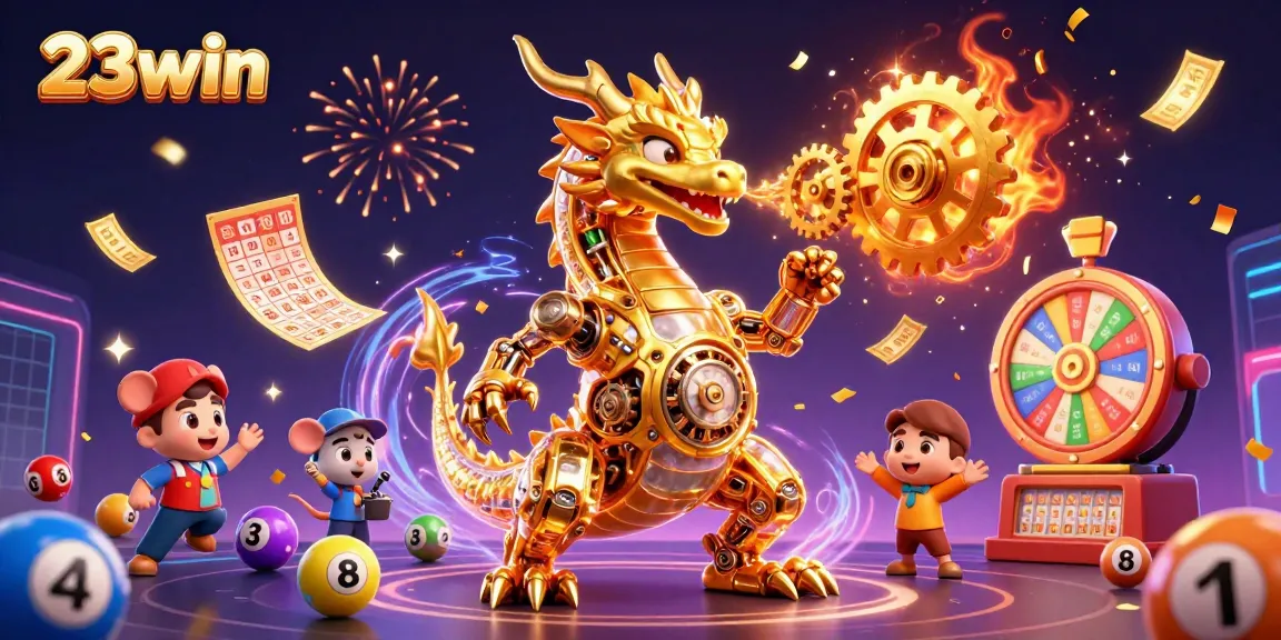 Experience winning excitement with 23win's colorful lottery scene featuring games and prizes.