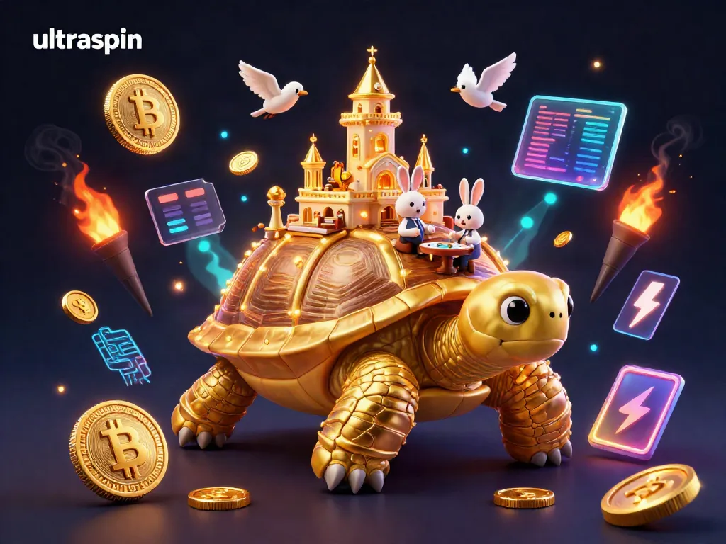 Experience the thrill of ultraspin with a dynamic casino scene featuring a golden tortoise, rabbit dealer, and flying coins.
