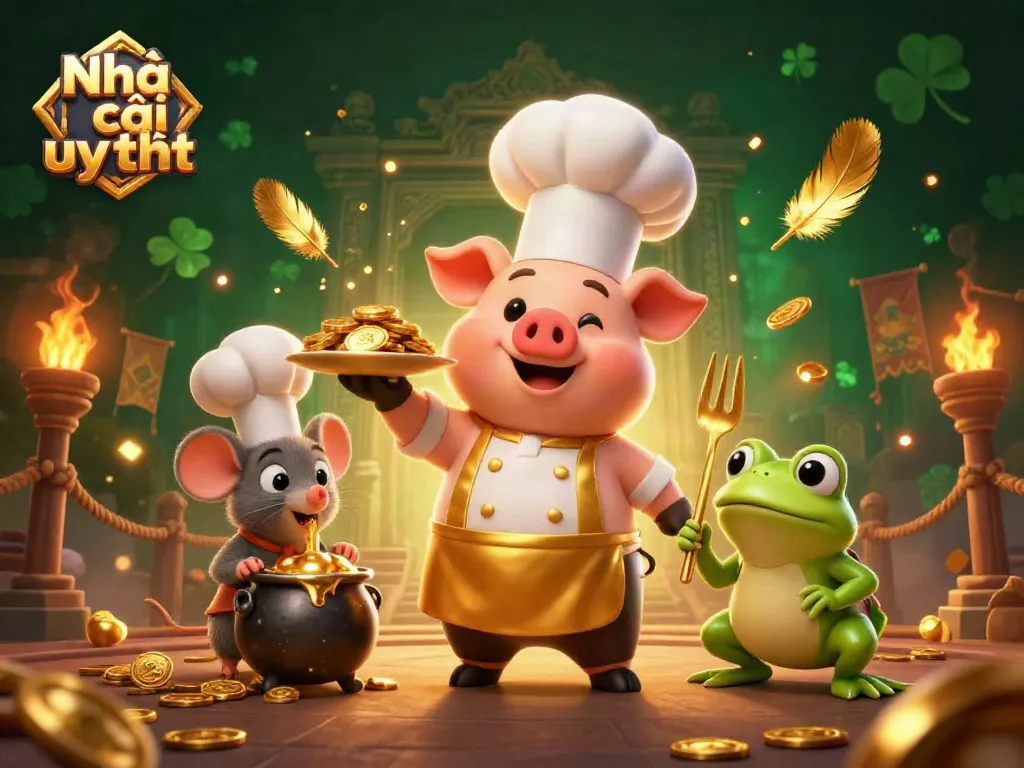 Experience the excitement of Nhà cái uy tín with chef pig serving gold coins amidst casino elements.