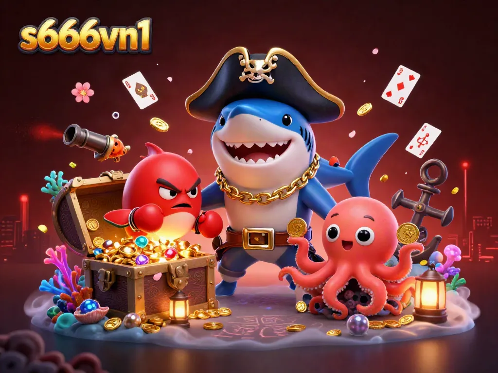 Join the fun with s666vn1, featuring an adventurous pirate shark, boxing pufferfish, and treasure-holding octopus in an exciting underwater gambling scene.