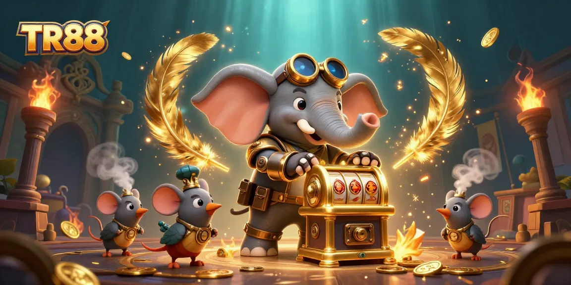 TR88 showcases a steampunk elephant operating a golden slots machine amidst a vibrant casino scene.