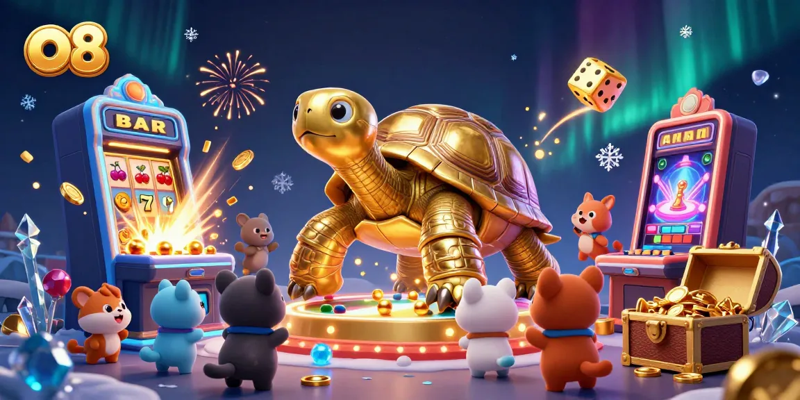 Spin the vibrant slots at o8, featuring a fun pinball tortoise and colorful casino elements.