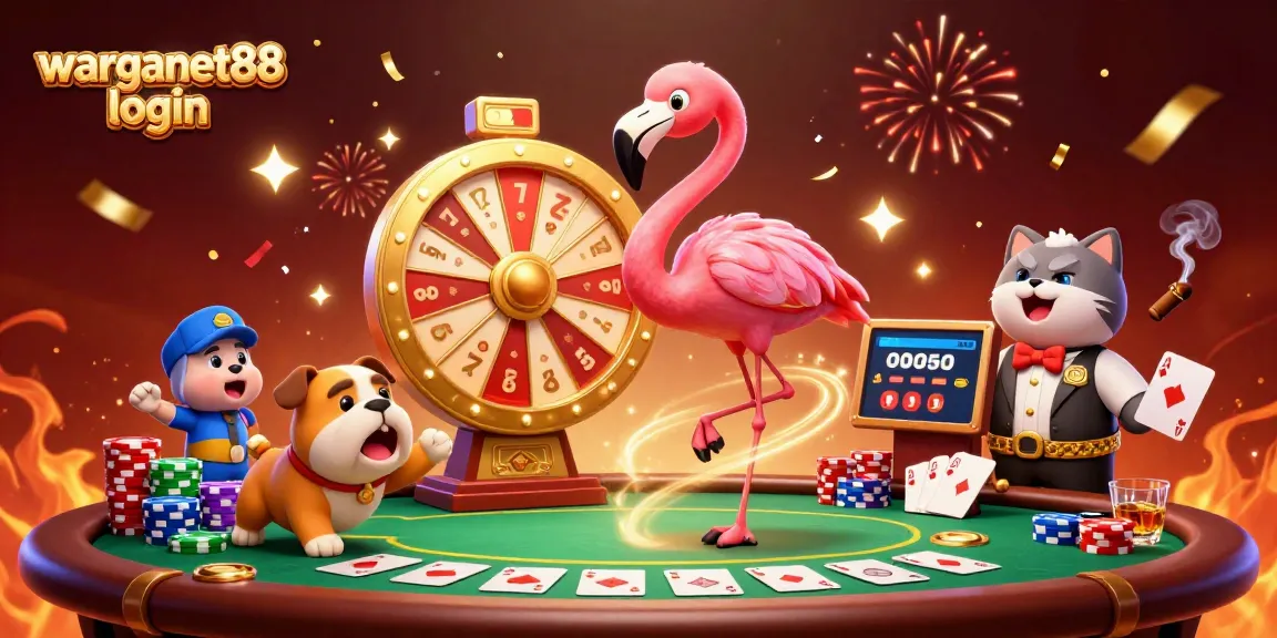 Experience excitement with warganet88 login as a flamingo host spins a golden prize wheel in 3D illustration.
