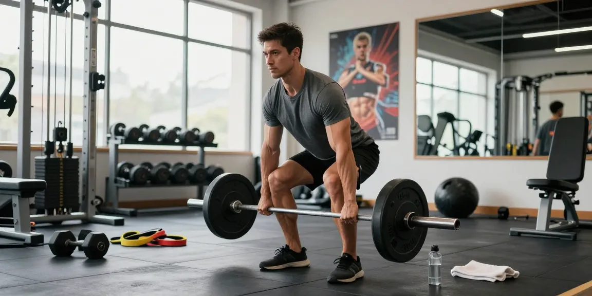 Man lifting weights in bright gym, highlighting Deus Medical Steroids for performance enhancement.