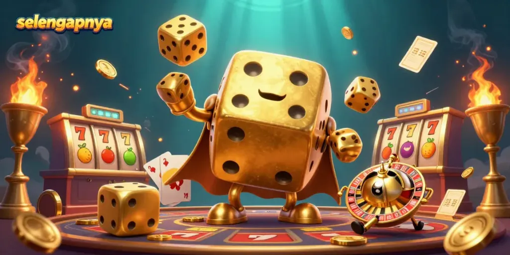 Win big at the casino with selengkapnya, featuring a golden dice golem and vibrant jackpot elements.