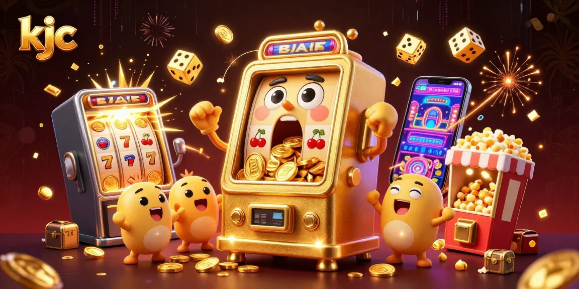 KJC slot machine hits a jackpot, dazzling coins and symbols explode around in a vibrant casino scene