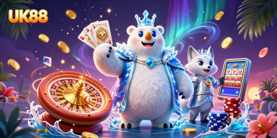 Bet on UK88 with excitement as frozen characters gather around vibrant casino elements and sparkling rewards.