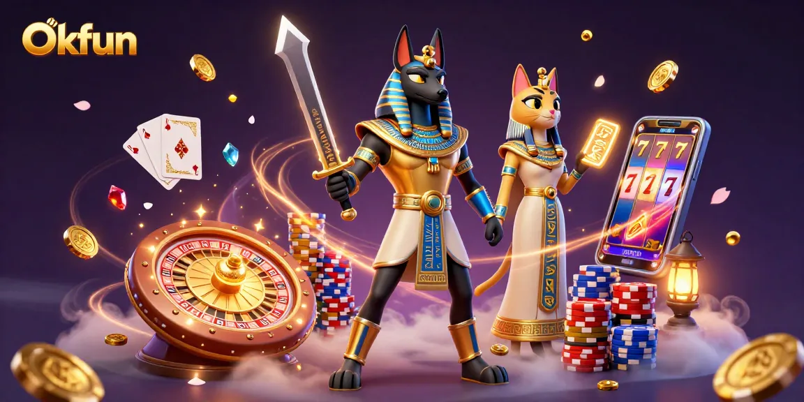 Win exciting rewards at Okfun with a lavish scene of Anubis and Bastet amidst vibrant gambling elements