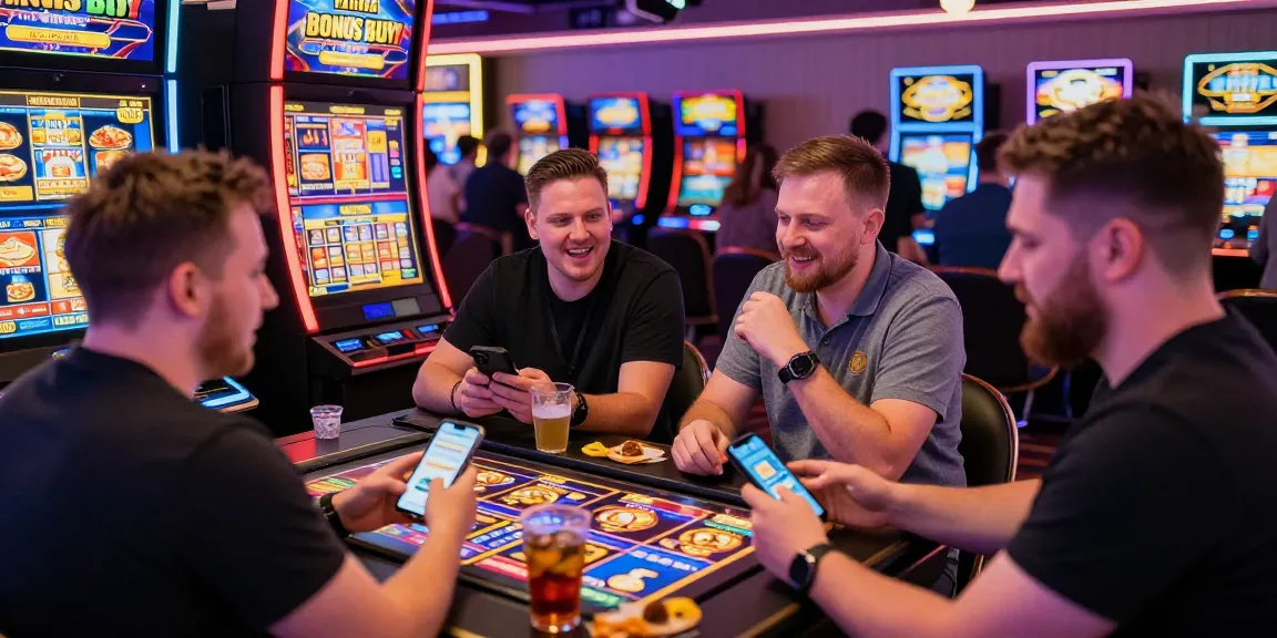 UK players enjoying Bonus Buy Slots at a lively casino, featuring colorful slot machines and vibrant atmosphere at https://ampika.co.uk/.