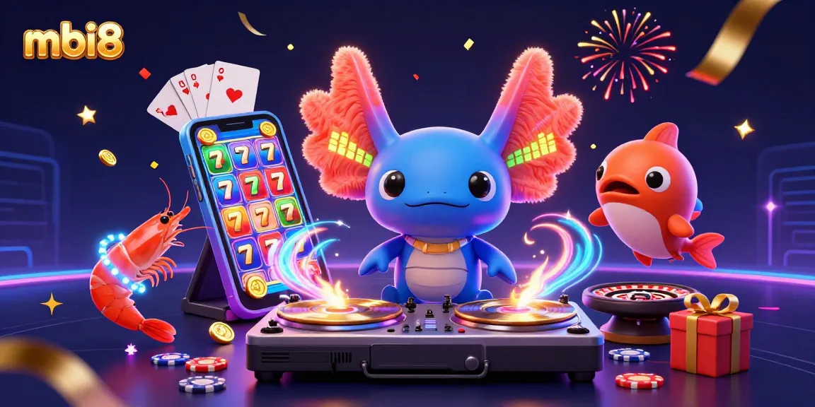 Join the excitement at mbi8 with a vibrant scene featuring a neon-colored DJ axolotl spinning golden records amid colorful slot games and festive elements.