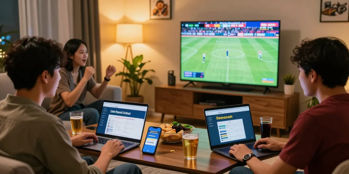 Excited group watching sports and placing bets on Link Resmi Sbobet Dewacash in a cozy living room.