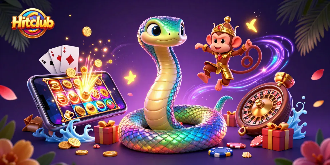 Hitclub captures the thrill of gaming with vibrant 3D characters and casino elements in a dynamic, colorful scene.