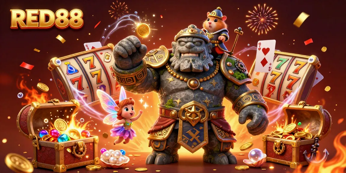 Experience the excitement of RED88 with vibrant casino action, featuring a lively golem guardian and magical characters.