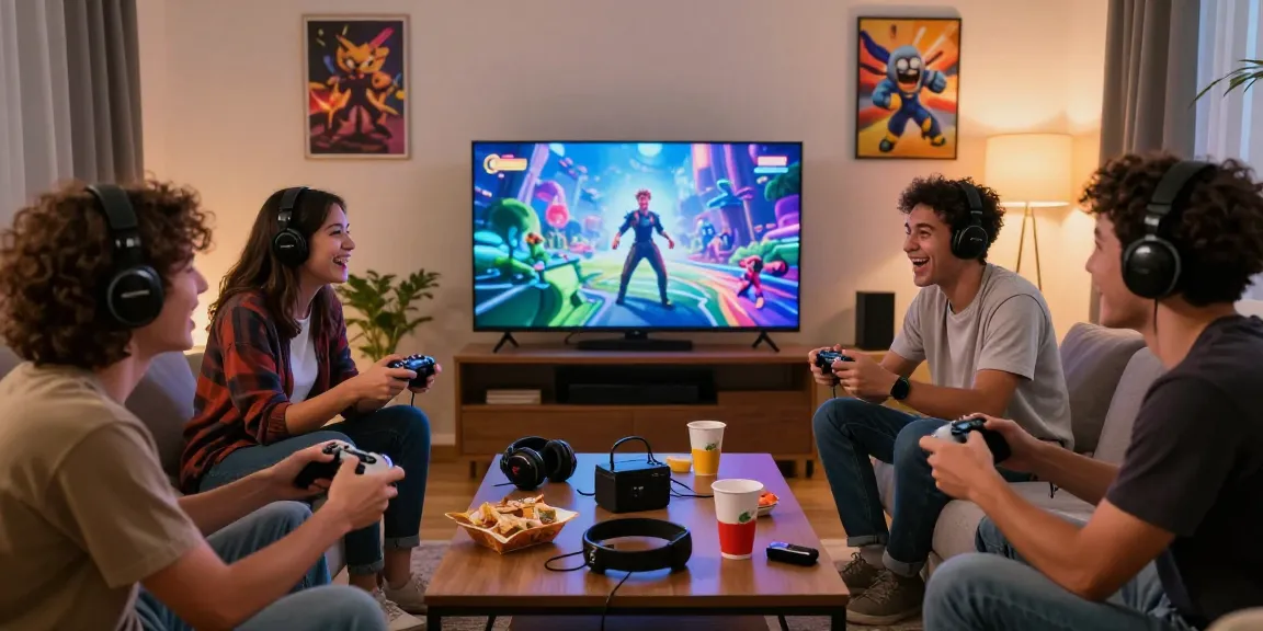 Aktivitas bermain game yang menyenangkan dengan tantegacor88 bersama teman-teman di ruang tamu yang nyaman.