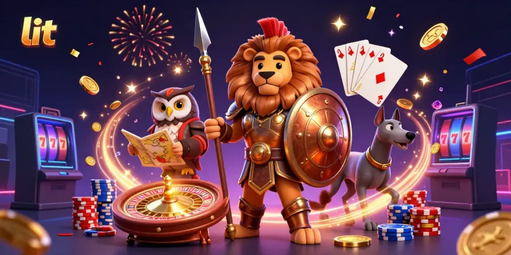 Experience the thrill of casino gaming with lit elements featuring a Spartan lion, owl strategist, and greyhound messenger.