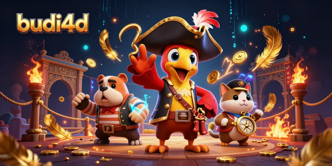 Budi4d pirate captain in a vibrant gambling arena filled with gold coins and dynamic casino elements.