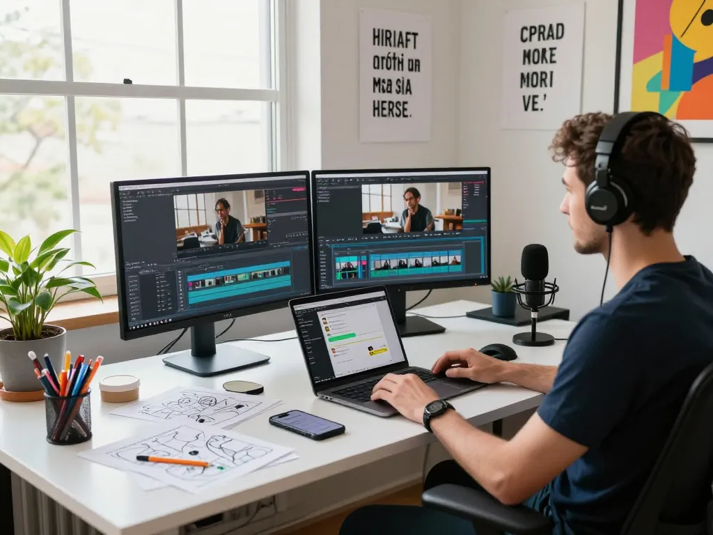 Creative workspace scene showcasing video to prompt generation, with monitors and storyboards.