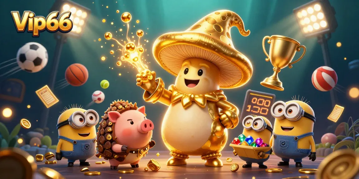 Experience the excitement of gambling with Vip66, featuring a magical golden mushroom wizard and treasure-hunting elements.