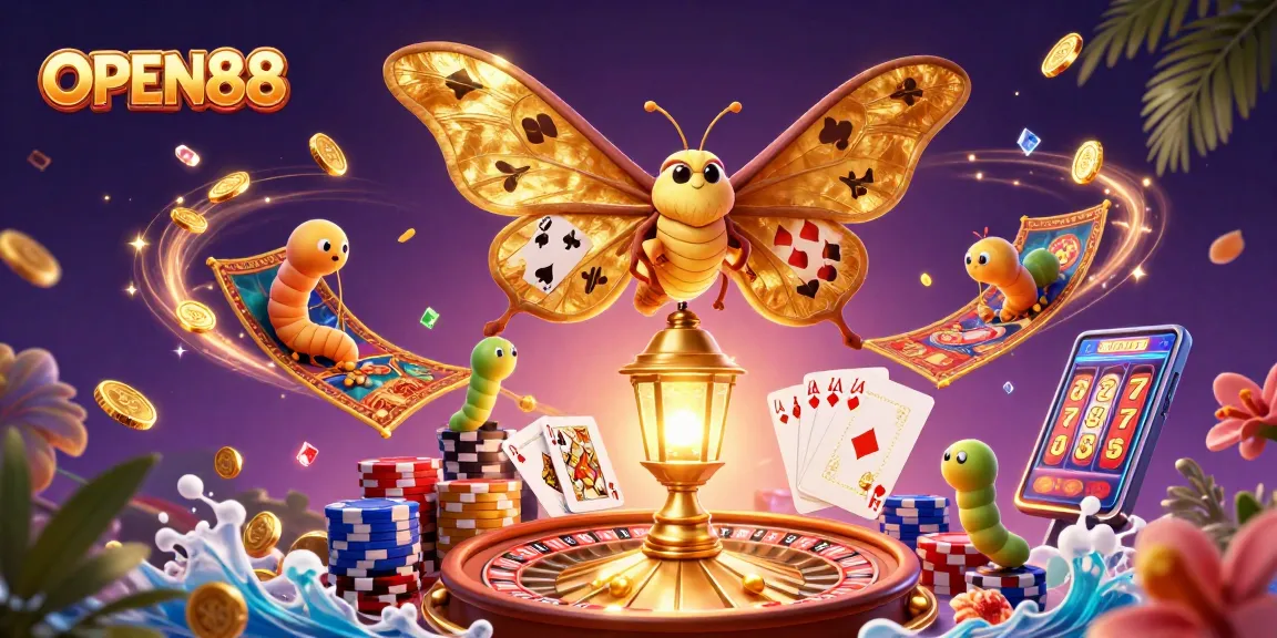 Experience thrilling casino adventures with OPEN88, featuring golden moths and vibrant game elements.