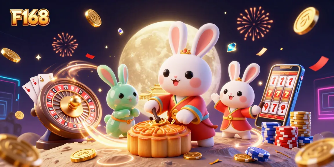 Experience F168 with a playful moon rabbit and jade companion amidst golden casino treasures.