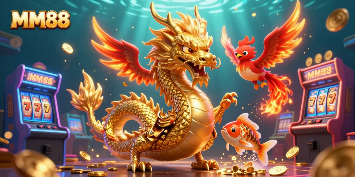 Experience the excitement of MM88 with a golden dragon, phoenix, and koi fish amidst casino elements.
