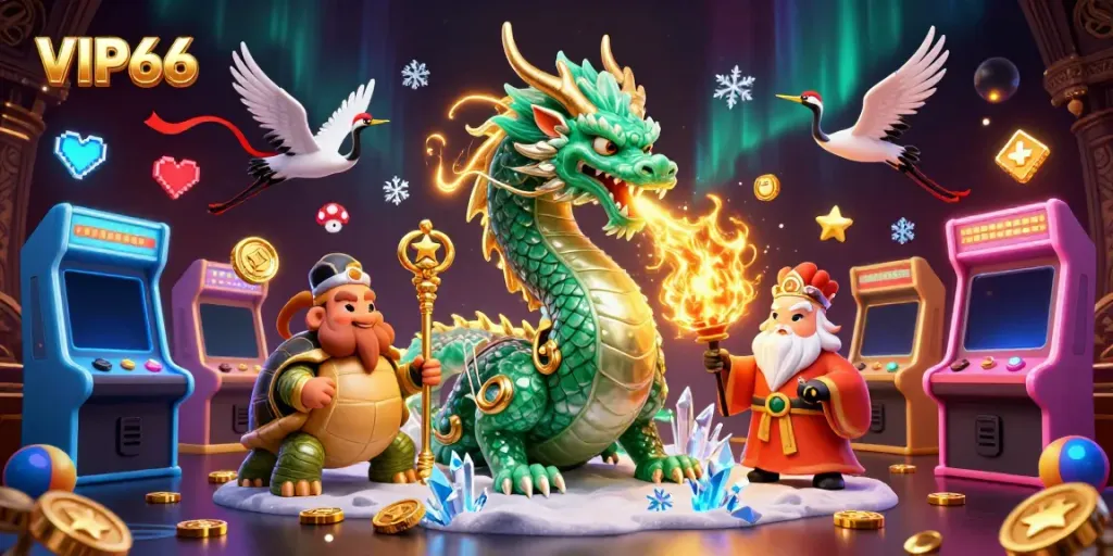 Experience VIP66's dynamic casino scene with mythical creatures and vibrant gaming elements.