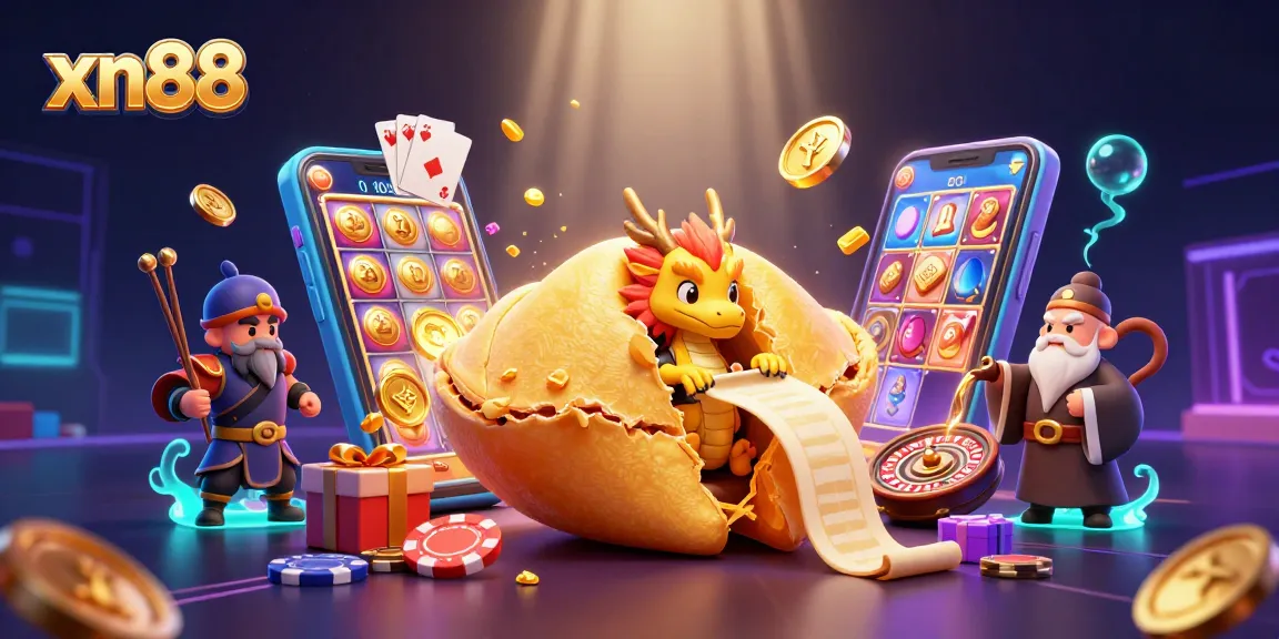Engage with xn88’s exciting gaming world featuring a golden fortune cookie and dynamic casino elements.