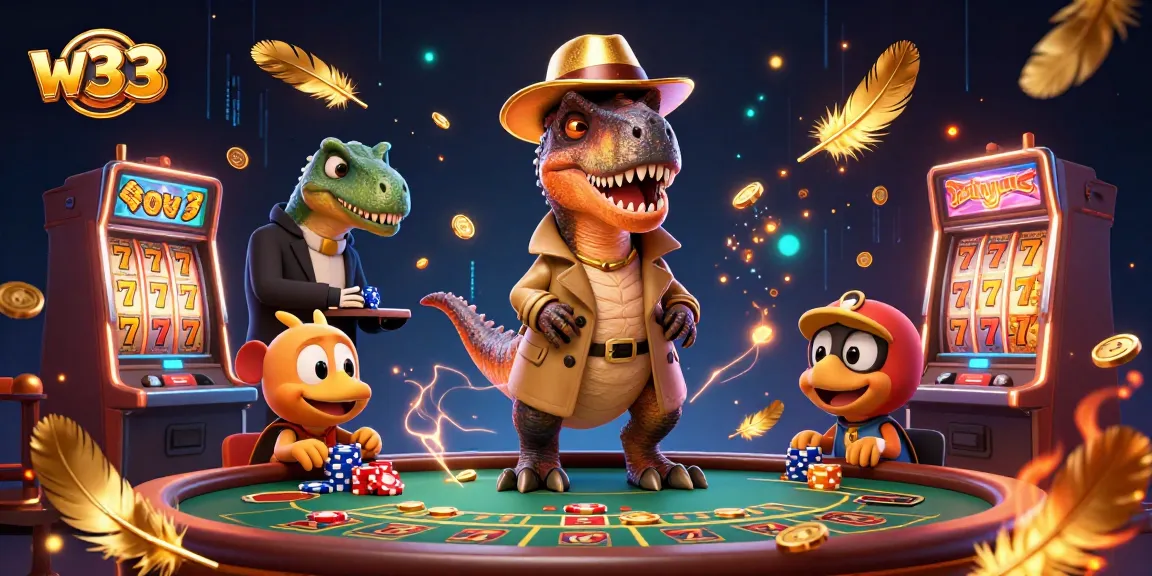 Engage with w33's thrilling blackjack table heist featuring a velociraptor and stegosaurus in an animated casino setting.